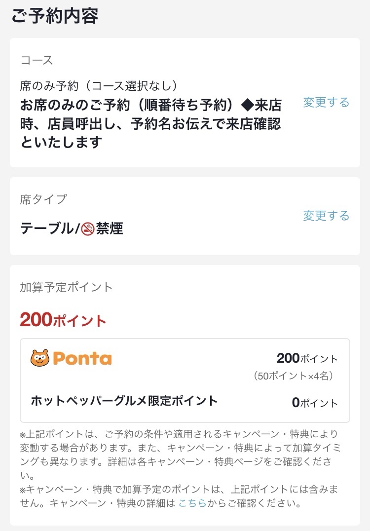 ホットペッパーグルメでディナーを4名で予約をするともらえるポイント:50ポイント×4名=200ポイント