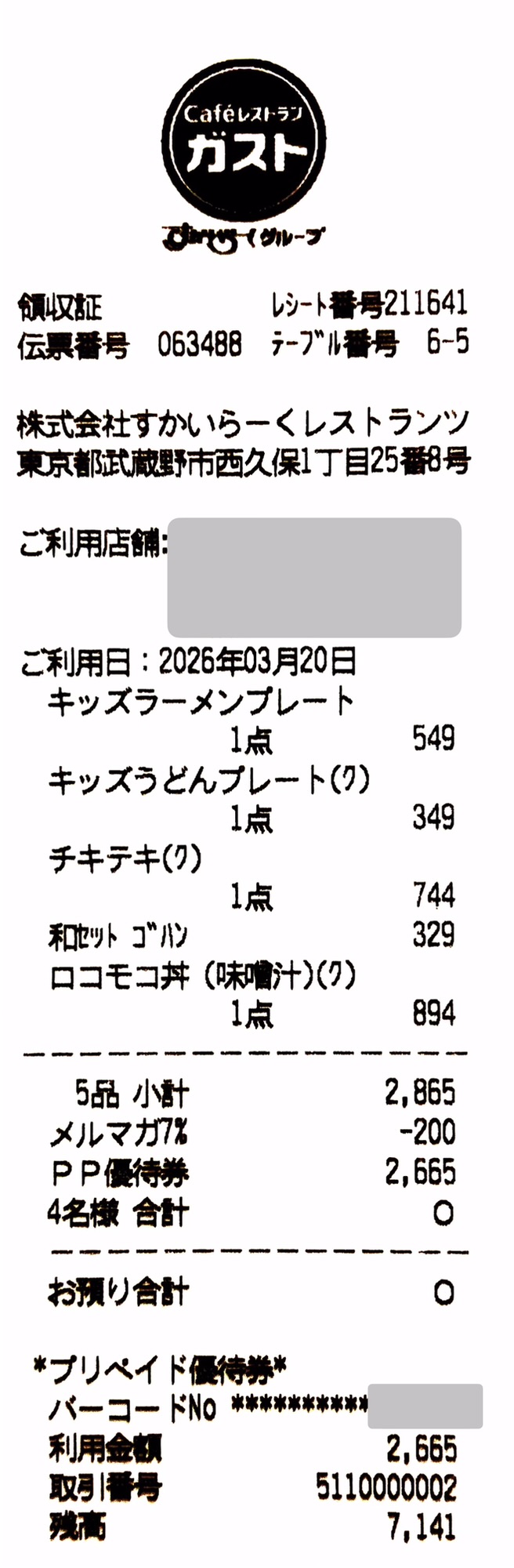 ガストの領収証（2026年3月20日・4名利用）。キッズラーメンプレート549円・キッズうどんプレート349円（商品クーポン適用）・チキテキ744円（同）＆和セット ゴハン329円セット・ロコモコ丼894円（同）の4品、小計2,865円。デジタルガスドル（メルマガ7%）で200円引き後、株主優待（プリペイド優待券）2,665円を充当し合計0円。優待残高7,141円。
