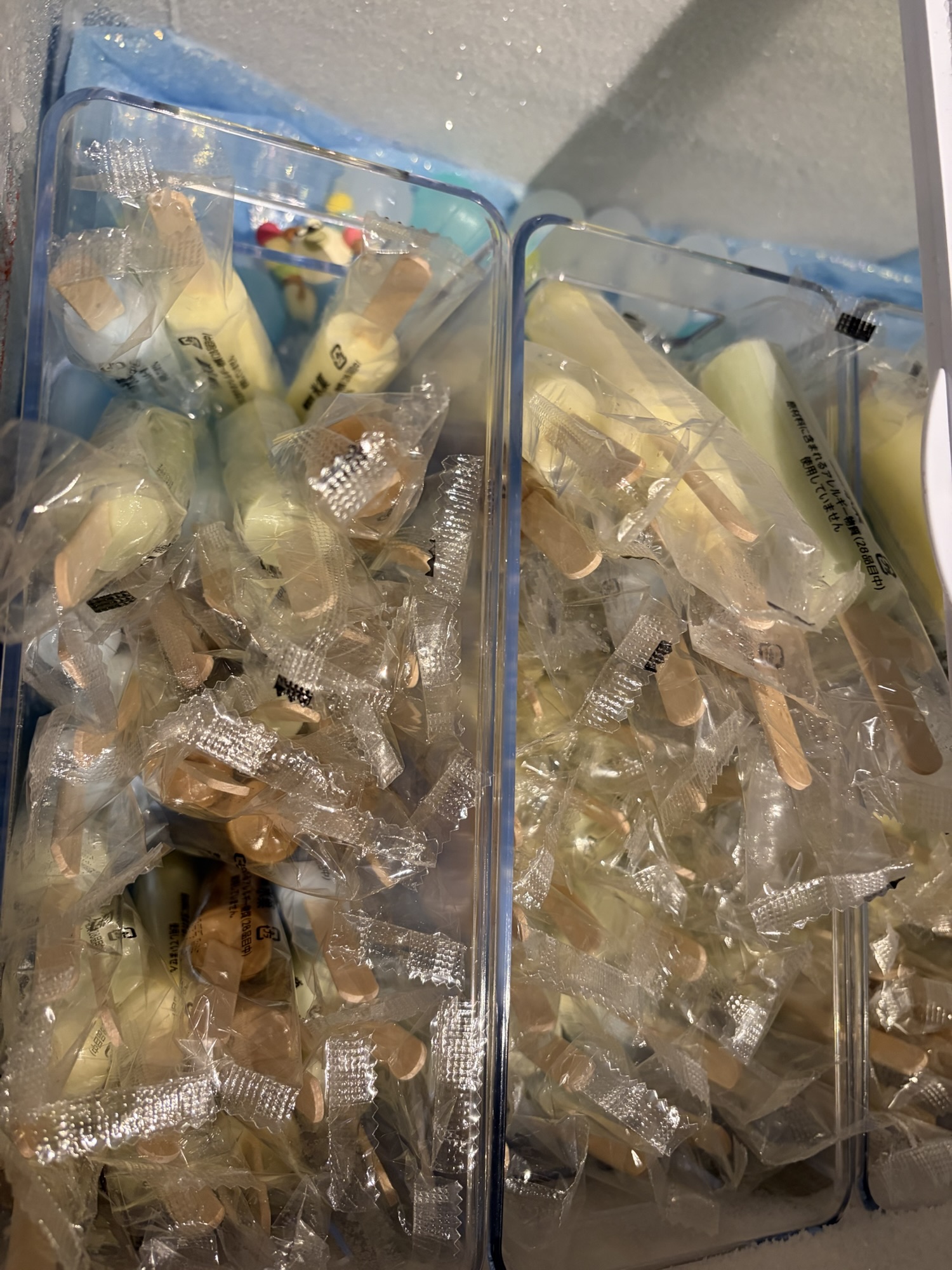 たびのホテル阿蘇熊本空港の無料湯上りアイス。冷凍庫の中には、個包装された小ぶりなアイスバーが種類ごとにケースに分けられてぎっしりと補充されています。