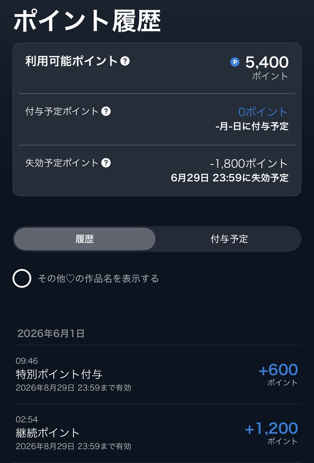 U-NEXTのポイント履歴画面。1800ポイント×3ヶ月で5,400ポイントと、失効する1,800ポイントが表示されている。