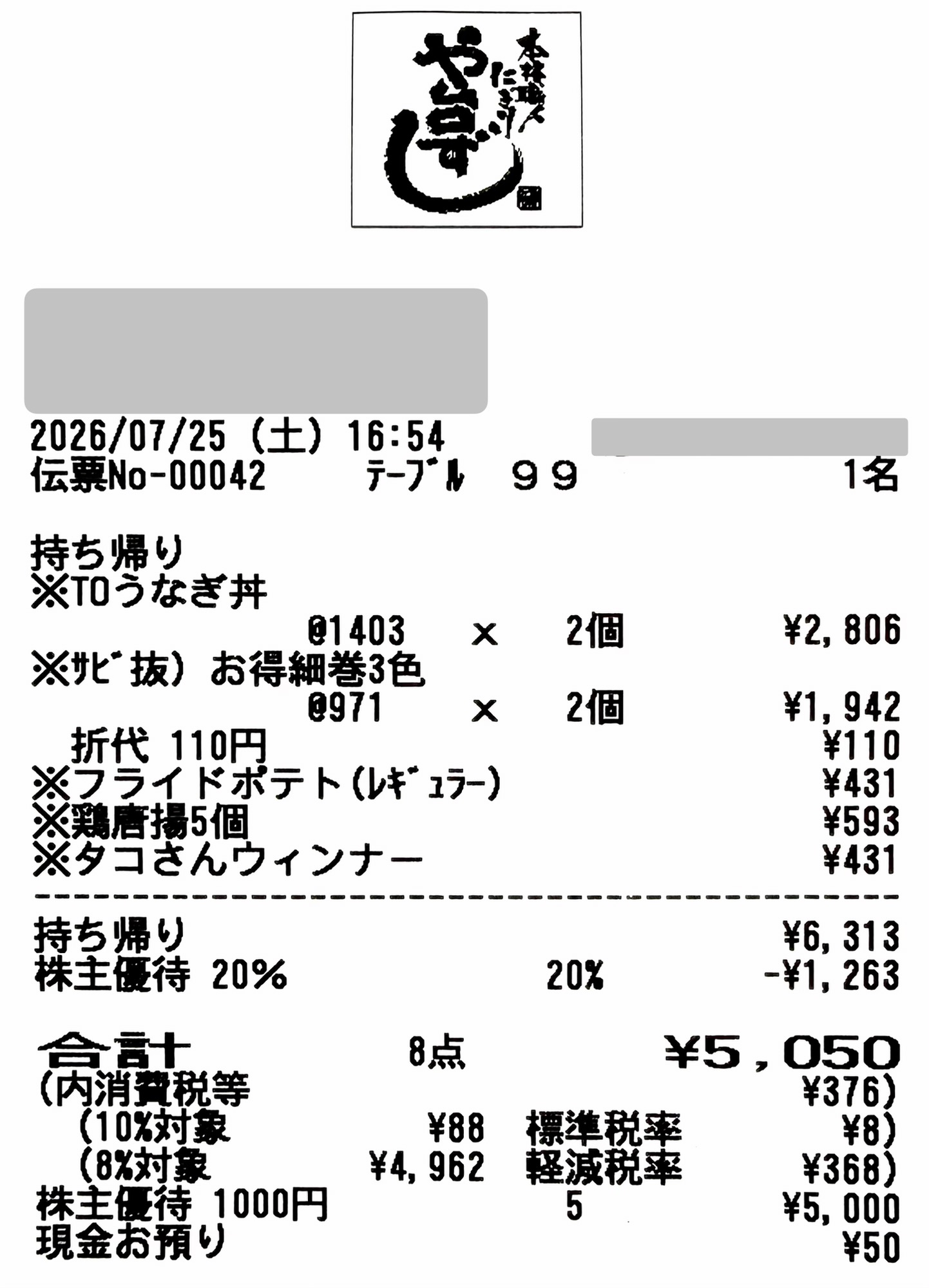 や台ずしのテイクアウト会計時にヨシックスHDの株主優待の20%割引券とお食事優待券1,000円×5枚を併用したレシート実例